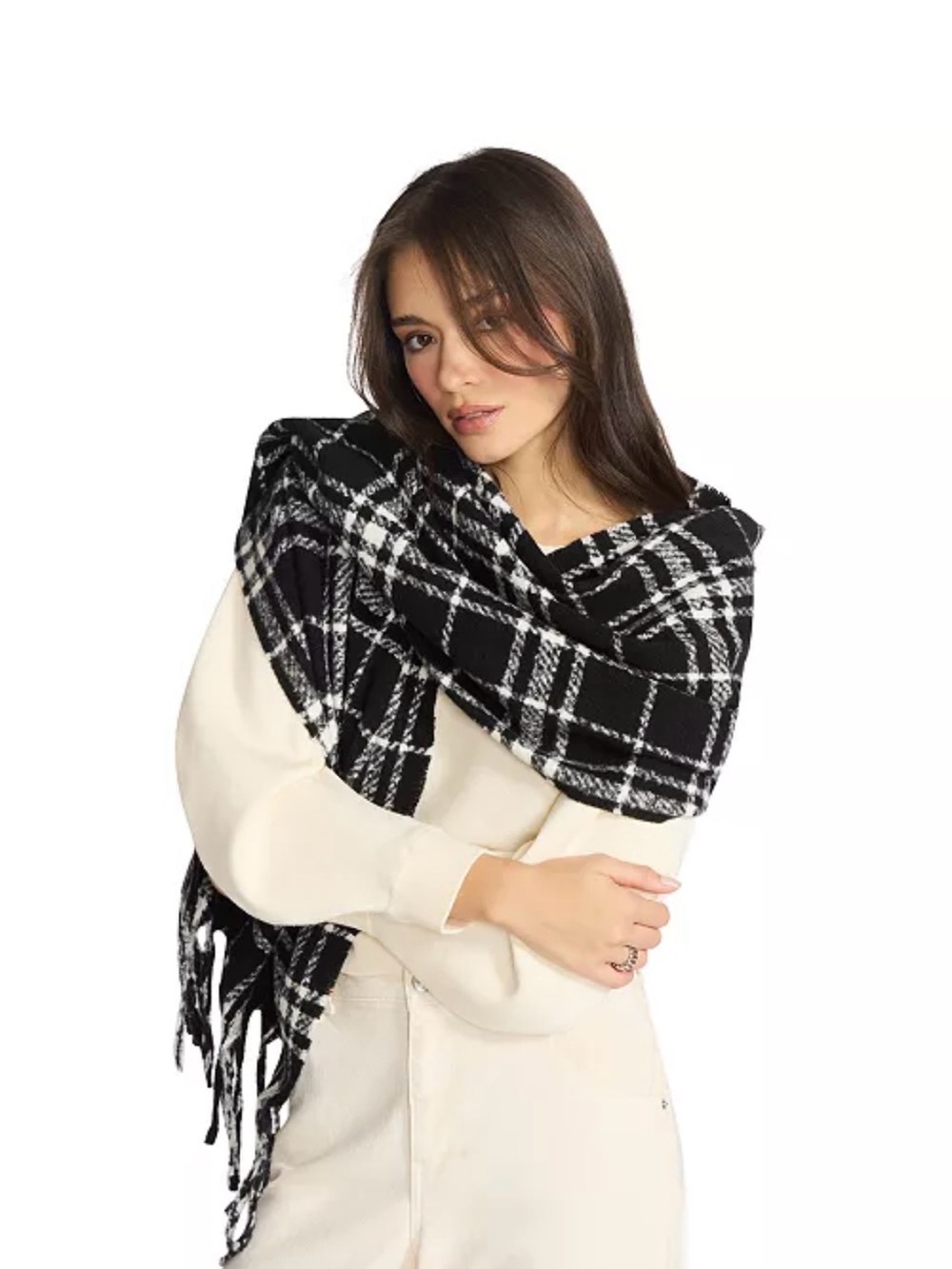 Steve Madden Plaid Fringe Shawl Scarf